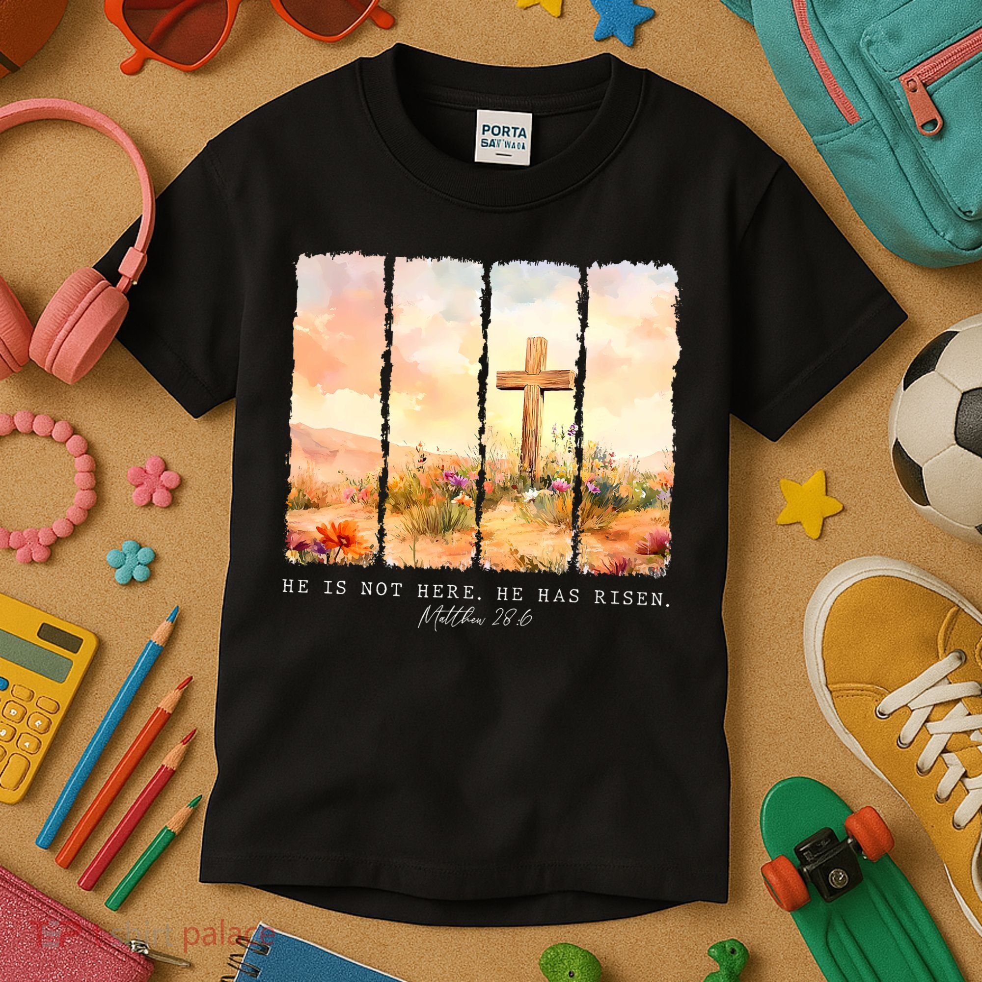 He Is Risen Christian Wildflower Happy Easter Kids T-Shirt