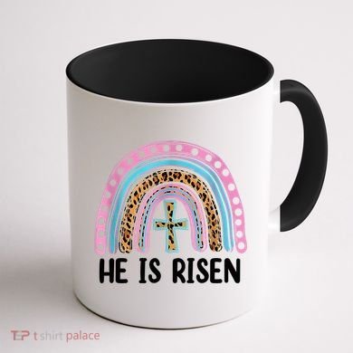 He Is Risen Rainbow Easter Cross Coffee Mug back