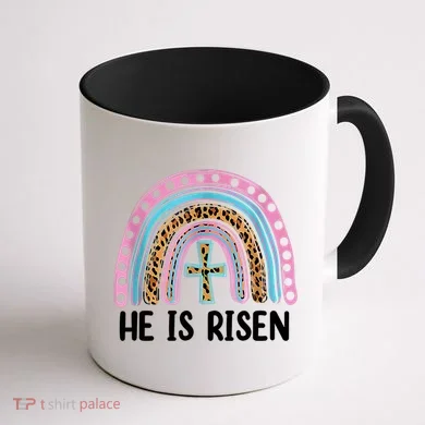 He Is Risen Rainbow Easter Cross Coffee Mug back