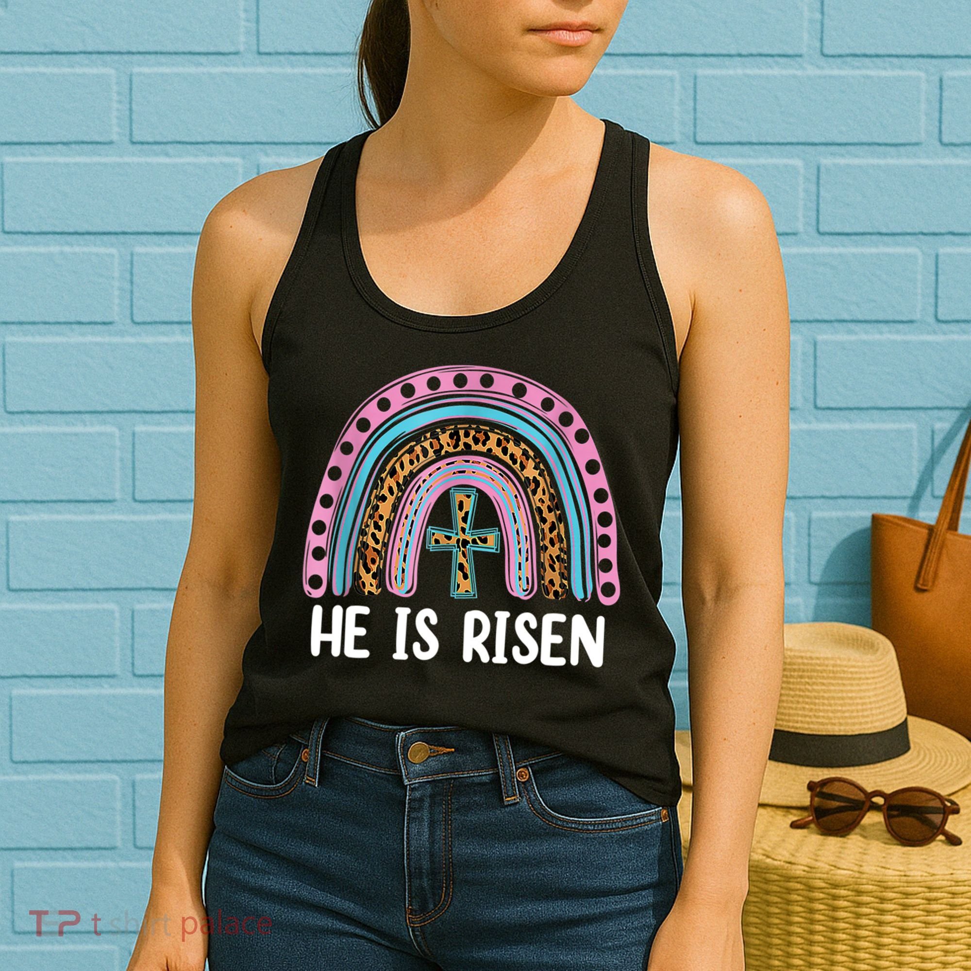 He Is Risen Rainbow Easter Cross Women's Tank Top