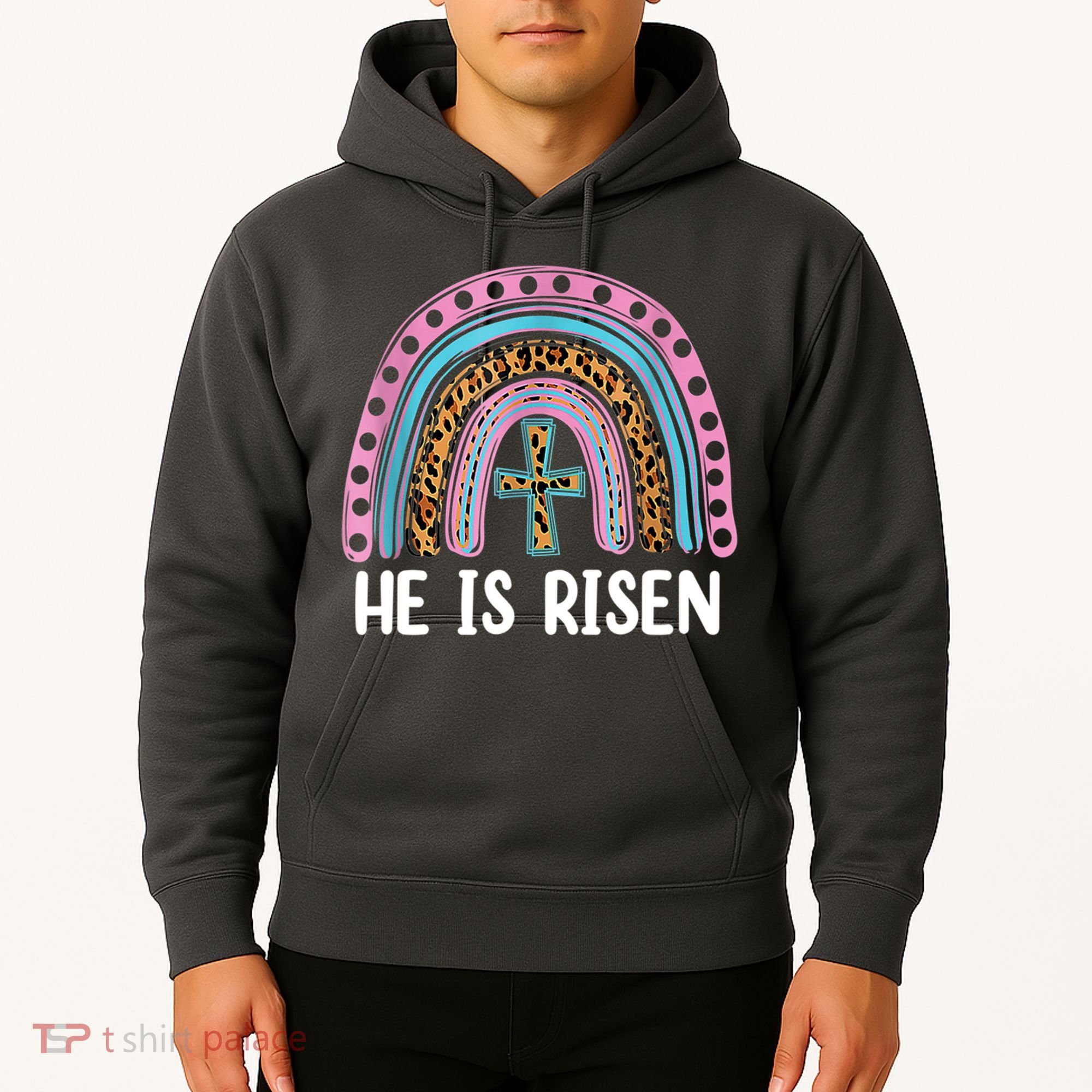 He Is Risen Rainbow Easter Cross Hoodie