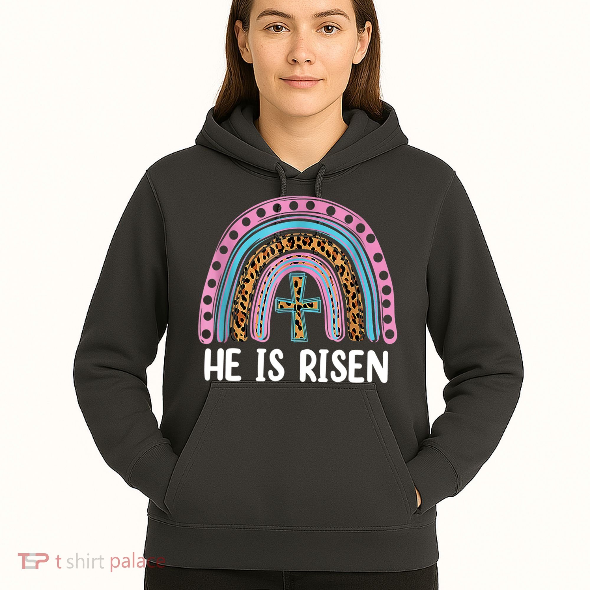 He Is Risen Rainbow Easter Cross Hoodie