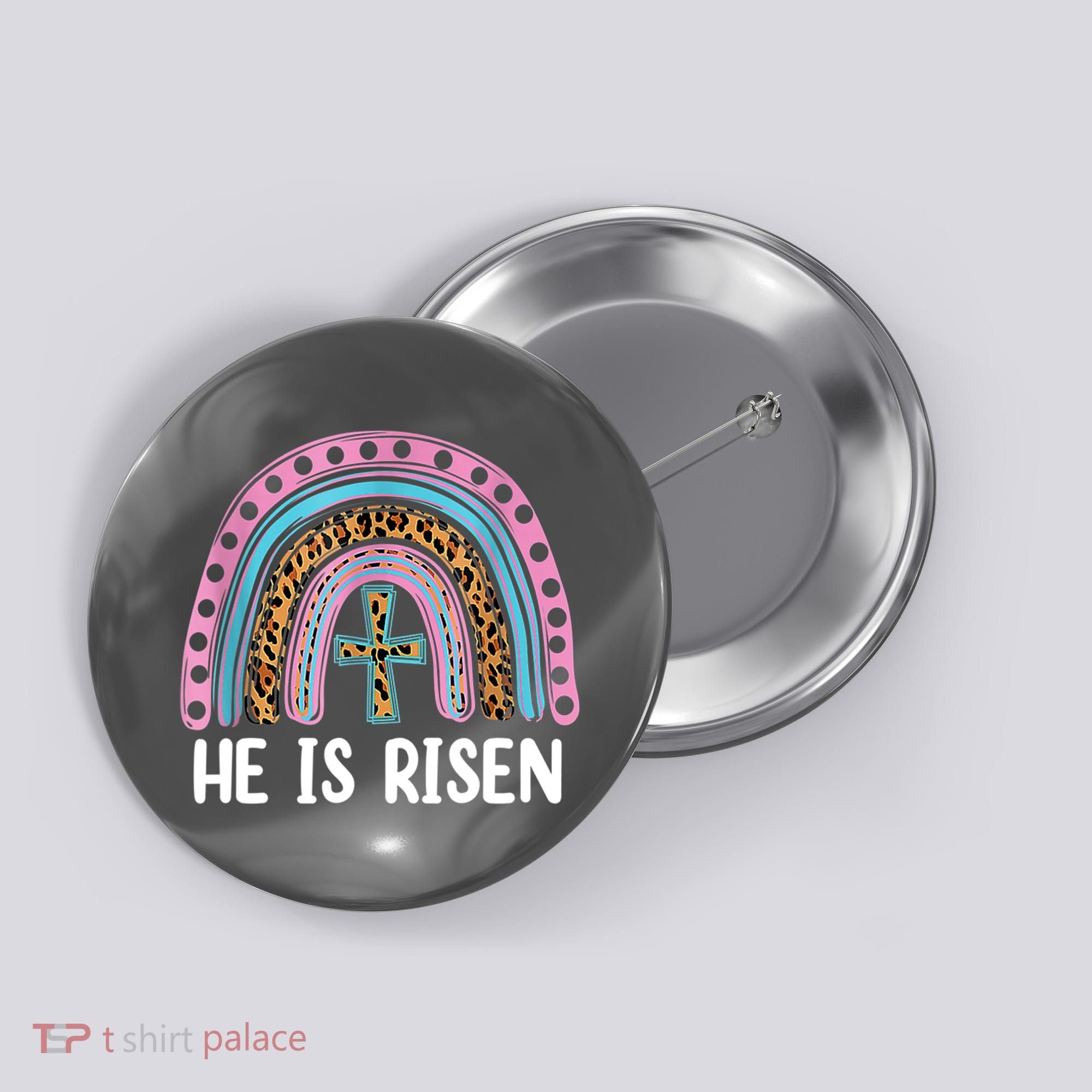 He Is Risen Rainbow Easter Cross Button