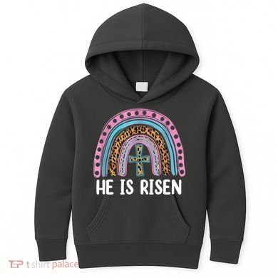 He Is Risen Rainbow Easter Cross Kids Hoodie