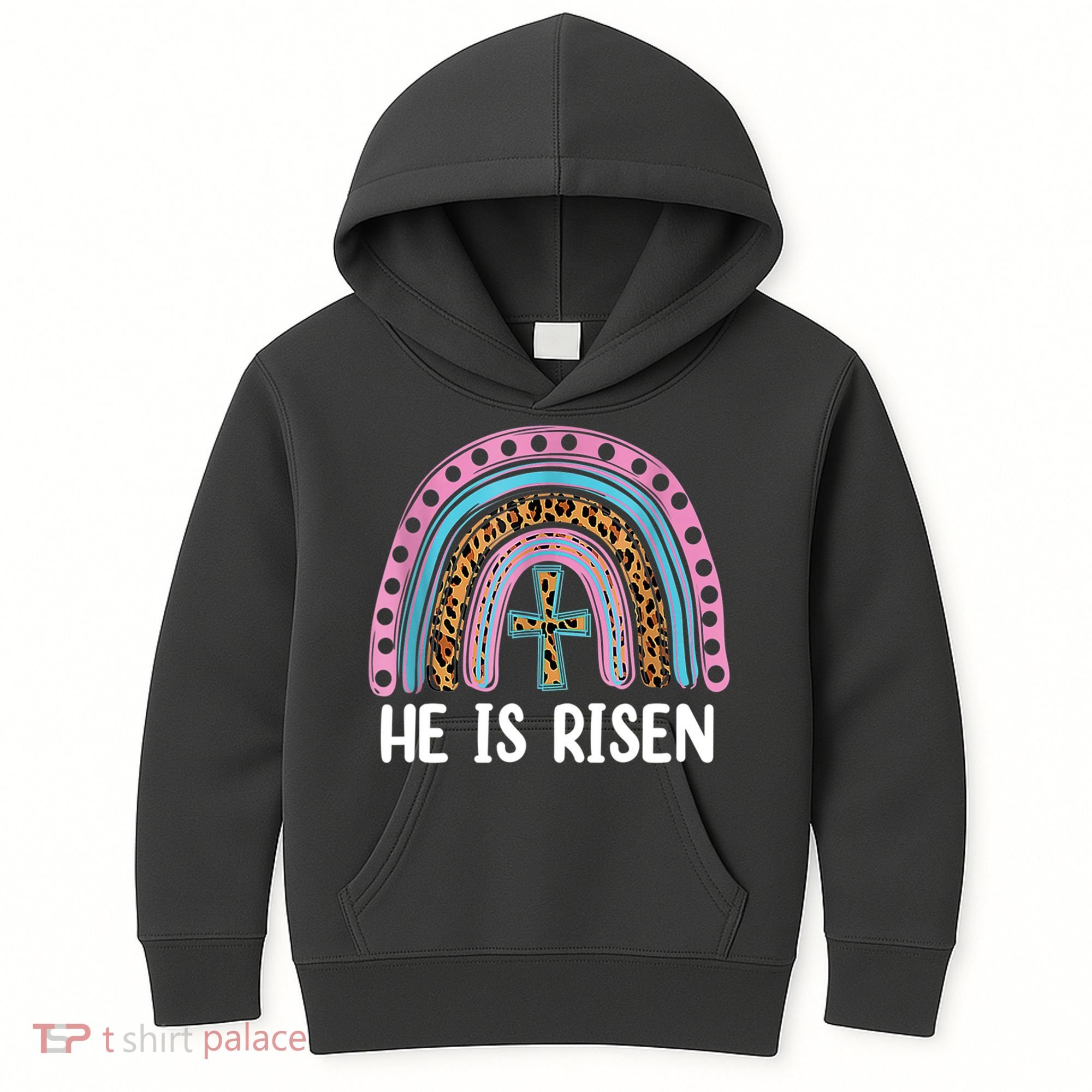 He Is Risen Rainbow Easter Cross Kids Hoodie