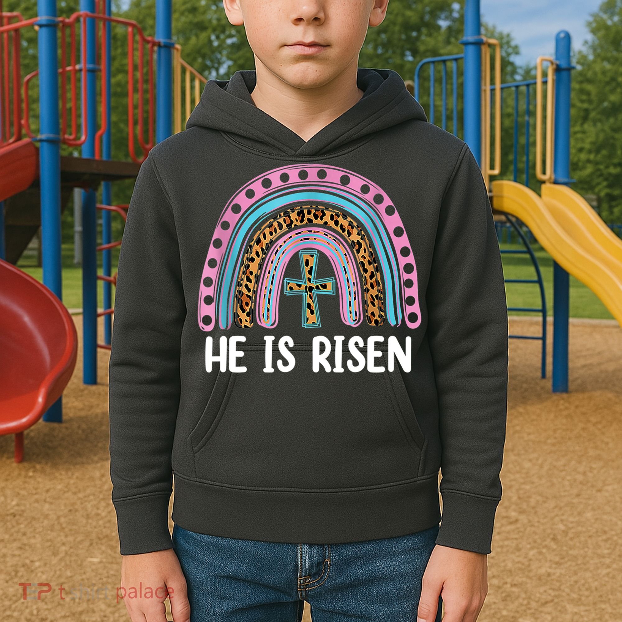 He Is Risen Rainbow Easter Cross Kids Hoodie
