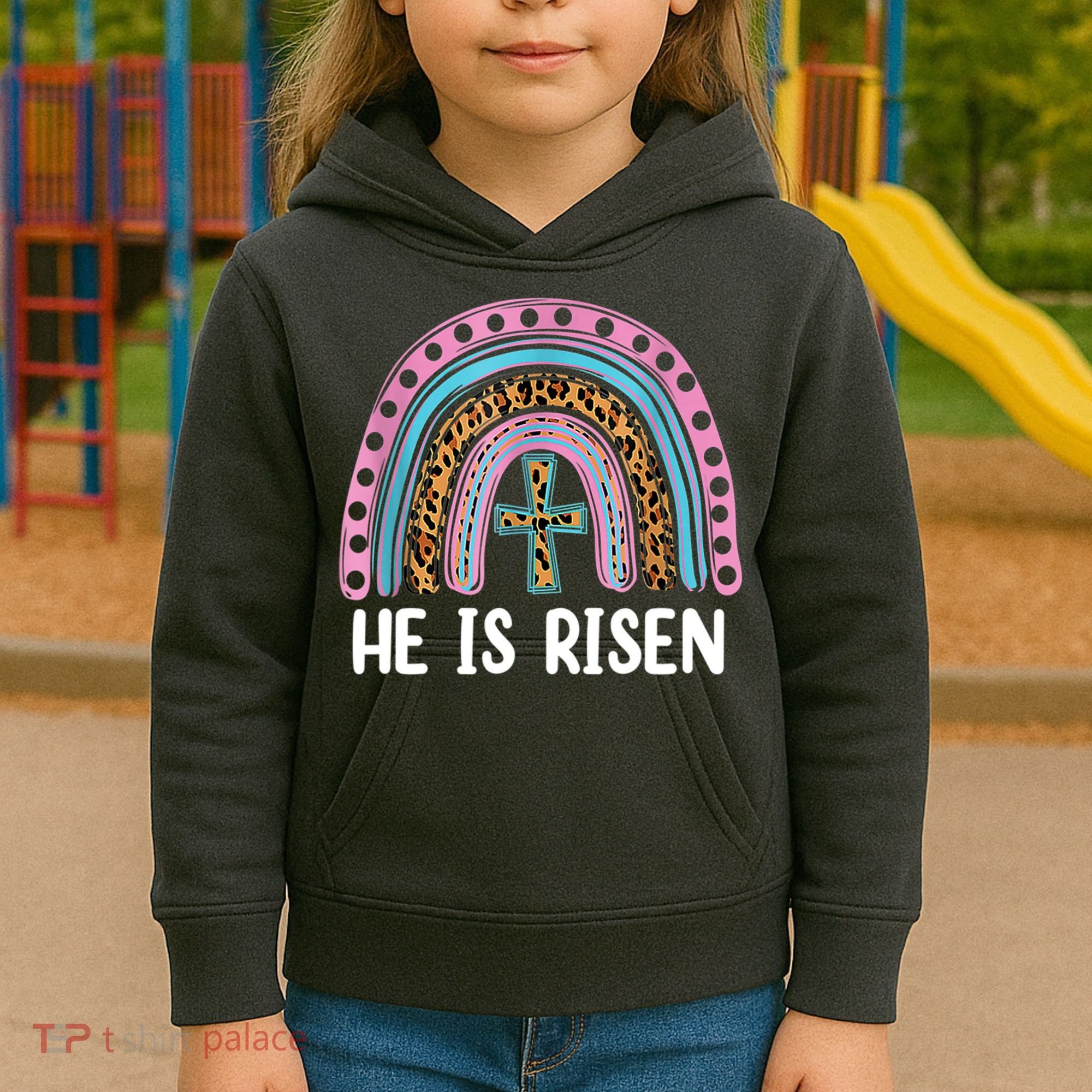 He Is Risen Rainbow Easter Cross Kids Hoodie