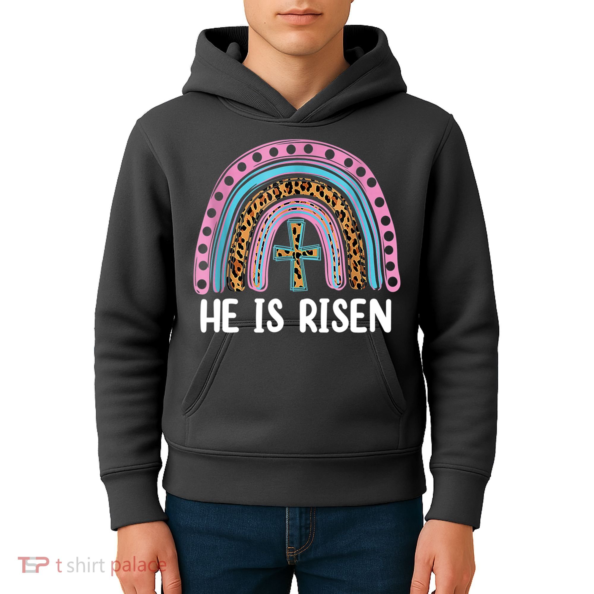 He Is Risen Rainbow Easter Cross Kids Hoodie