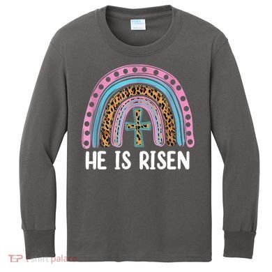 He Is Risen Rainbow Easter Cross Kids Long Sleeve Shirt