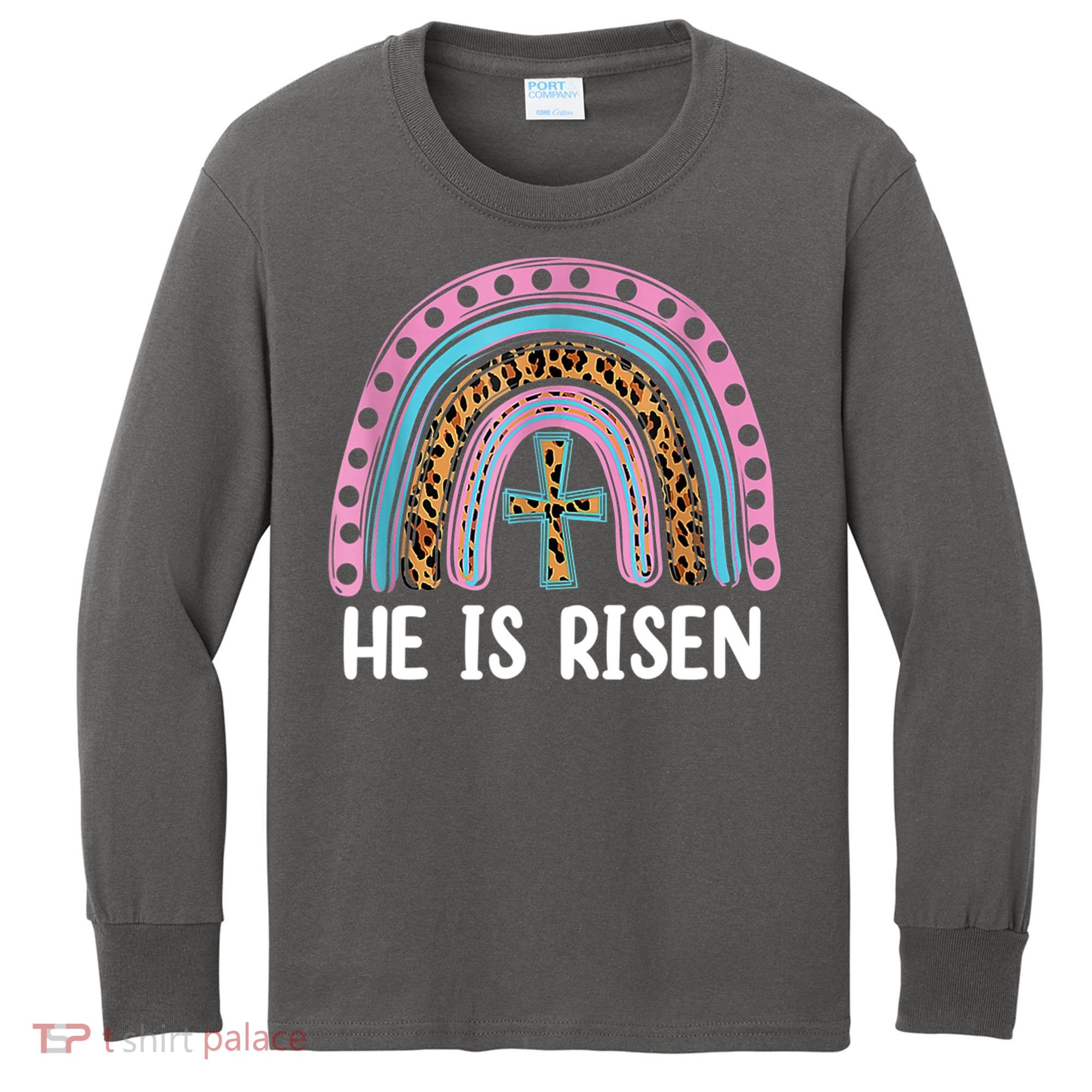 He Is Risen Rainbow Easter Cross Kids Long Sleeve Shirt