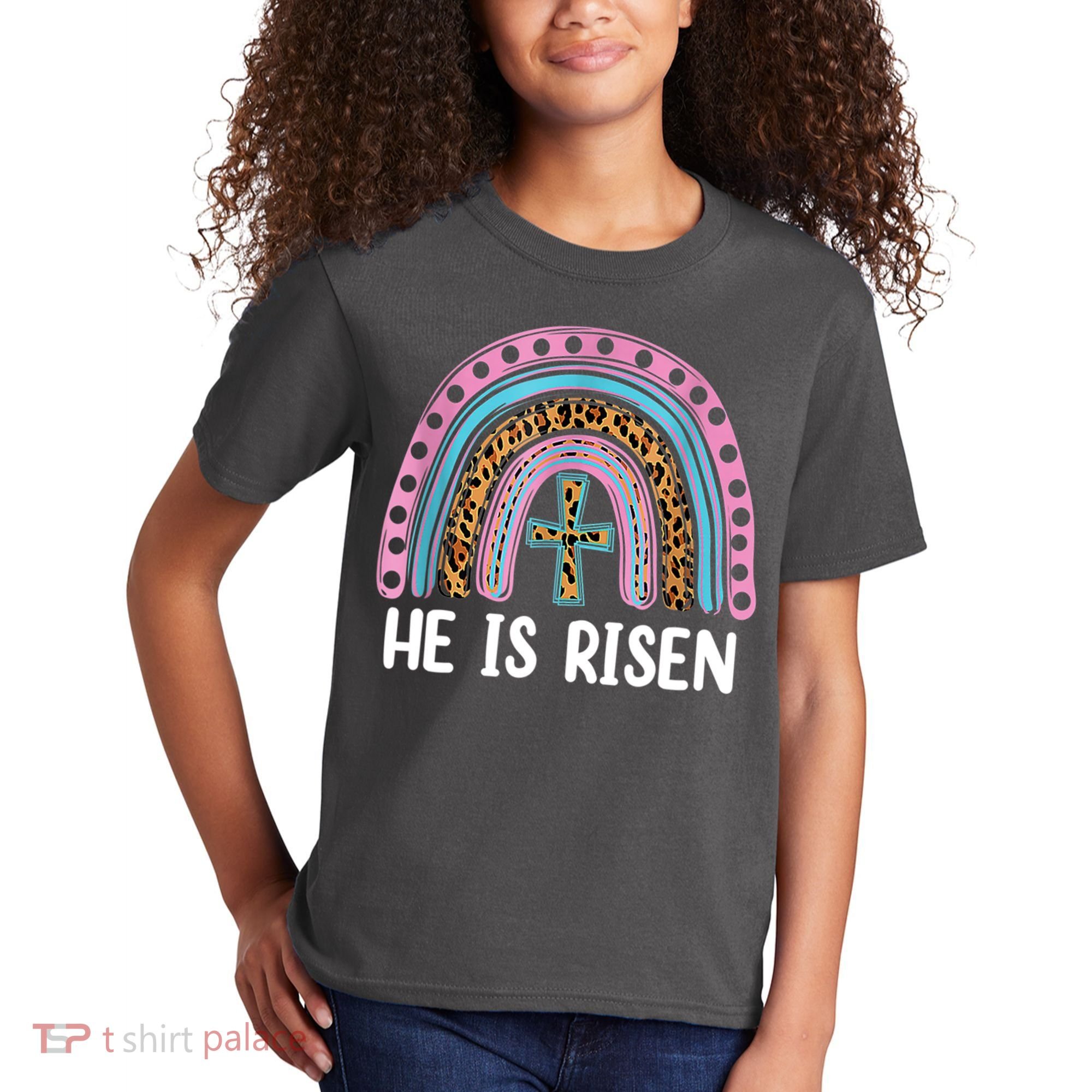 He Is Risen Rainbow Easter Cross Kids T-Shirt