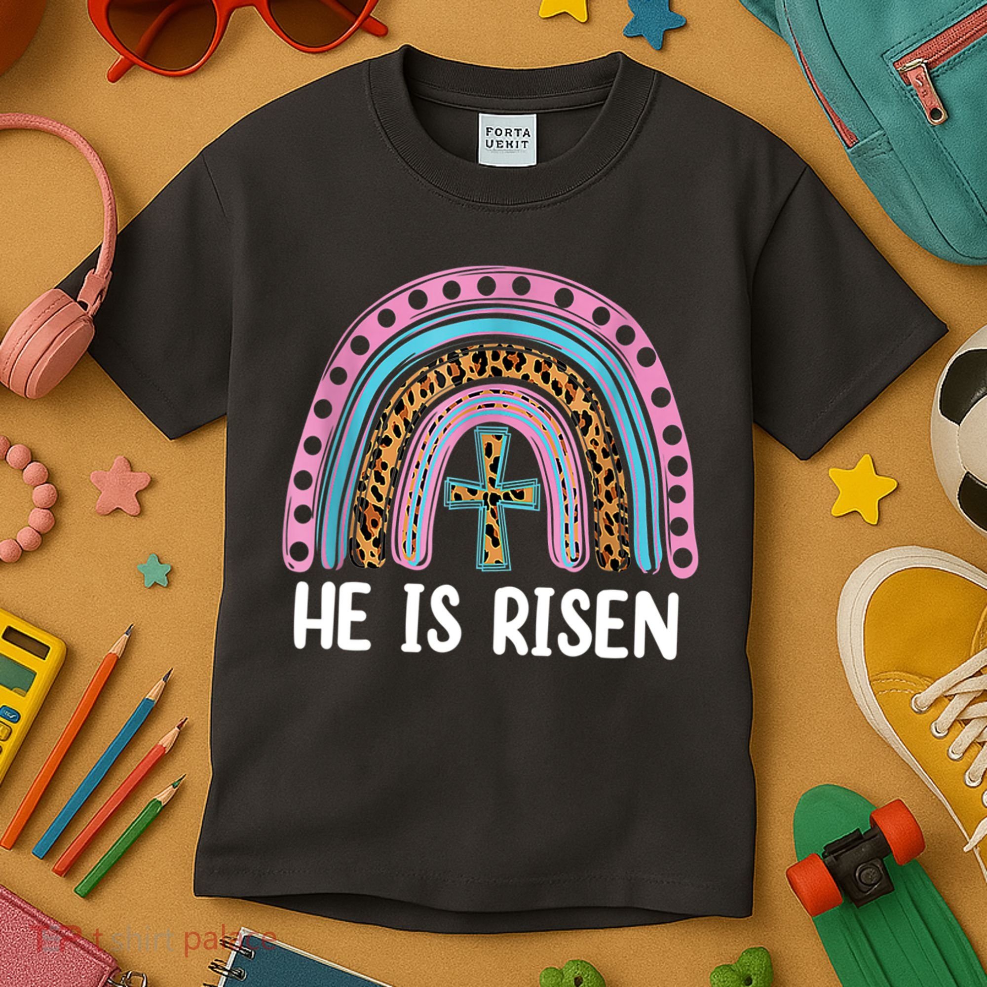 He Is Risen Rainbow Easter Cross Kids T-Shirt