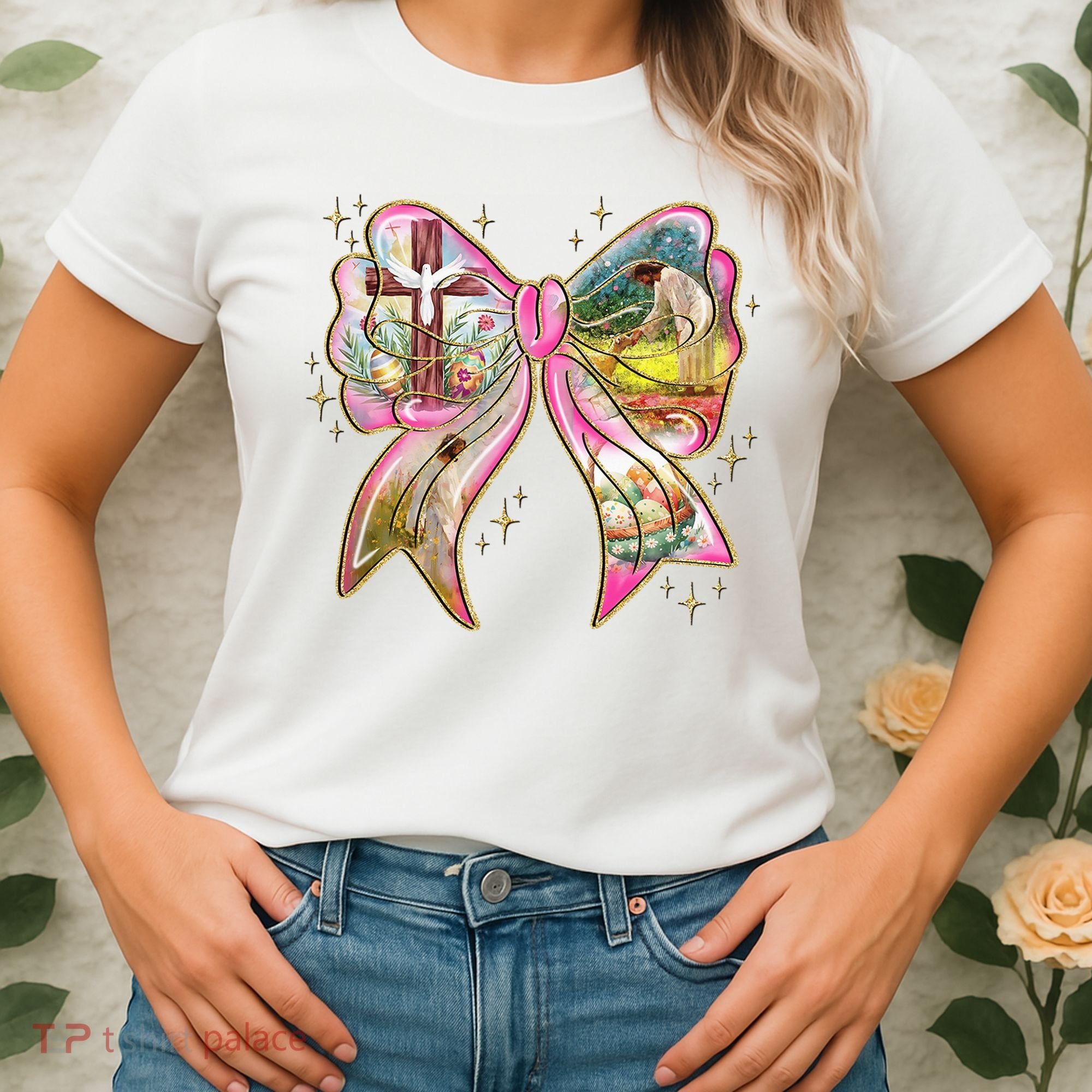He Is Risen Easter Cross Coquette Jesus Christian Religious Women's T-Shirt