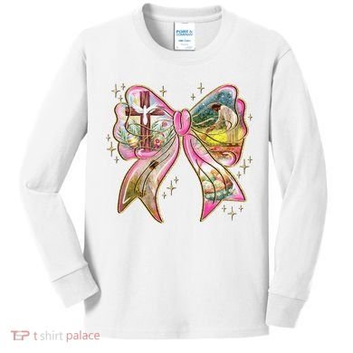 He Is Risen Easter Cross Coquette Jesus Christian Religious Kids Long Sleeve Shirt