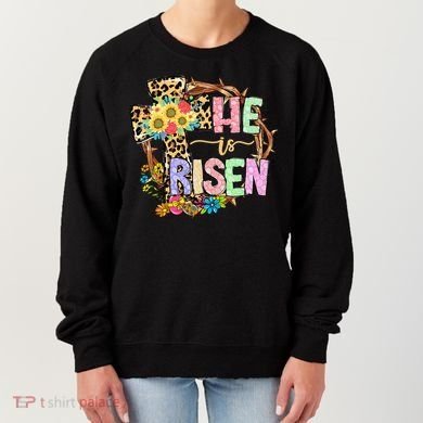 He Is Risen Floral Jesus Easter Day Christians Leopard Cross Women's Sweatshirt