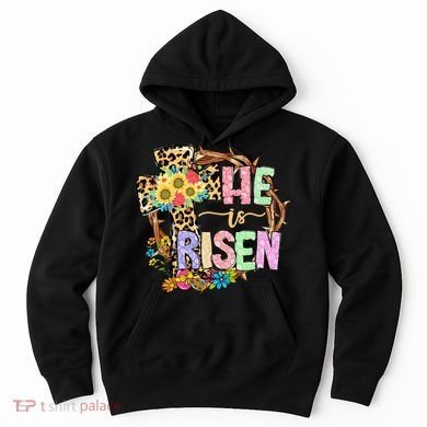 He Is Risen Floral Jesus Easter Day Christians Leopard Cross Hoodie