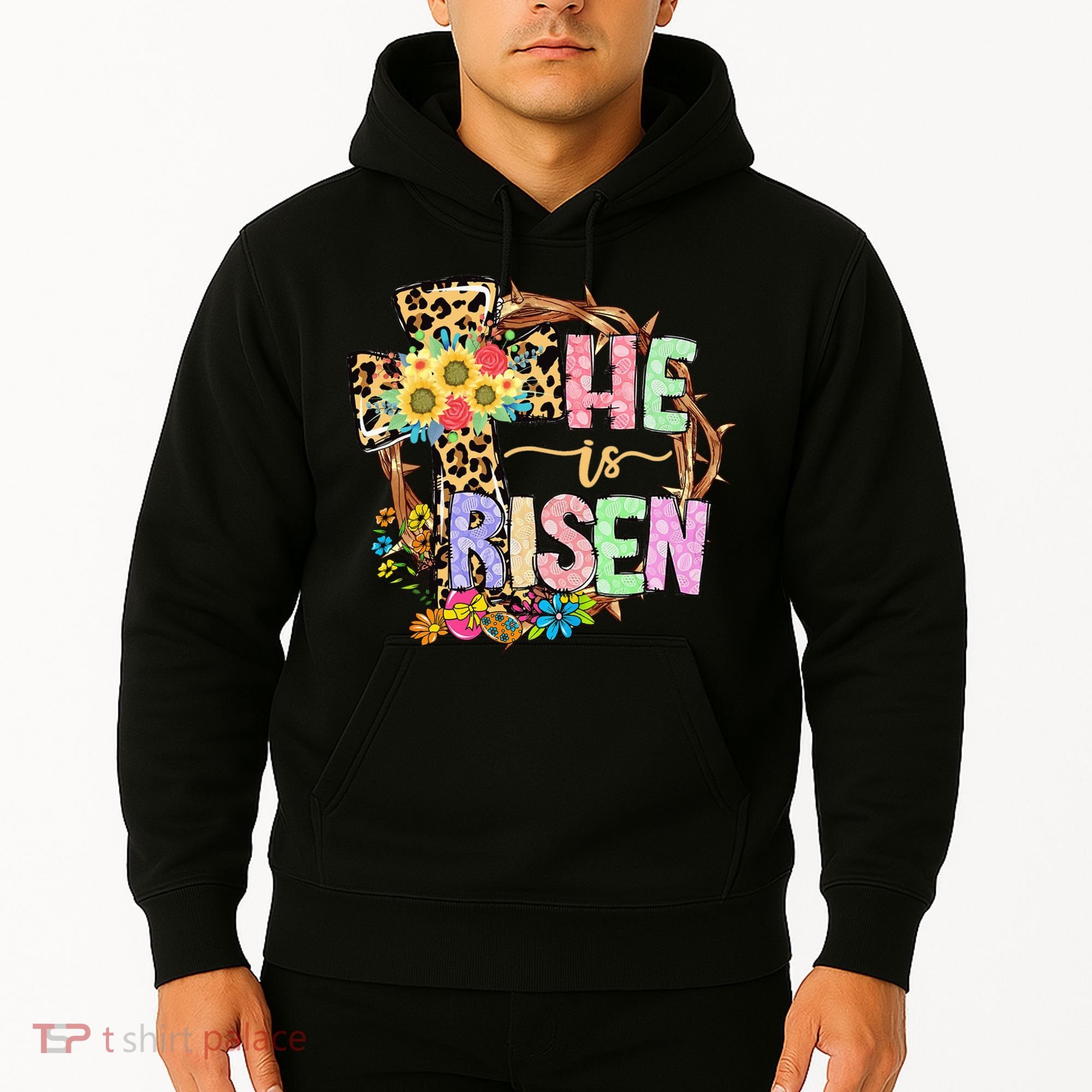 He Is Risen Floral Jesus Easter Day Christians Leopard Cross Hoodie