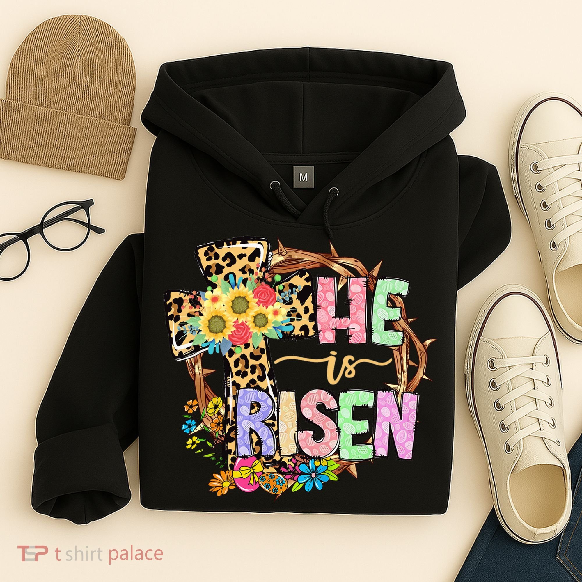 He Is Risen Floral Jesus Easter Day Christians Leopard Cross Hoodie
