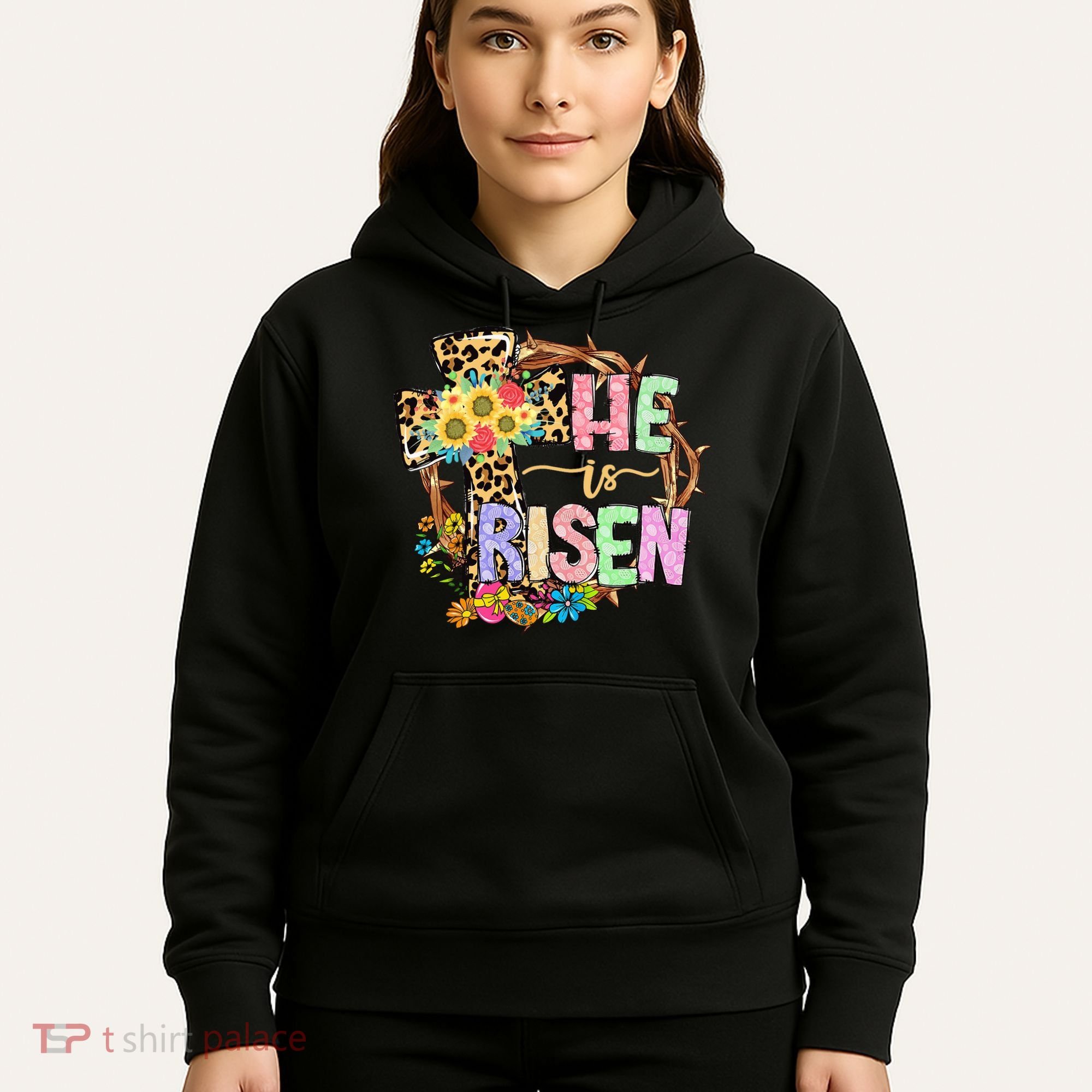 He Is Risen Floral Jesus Easter Day Christians Leopard Cross Hoodie