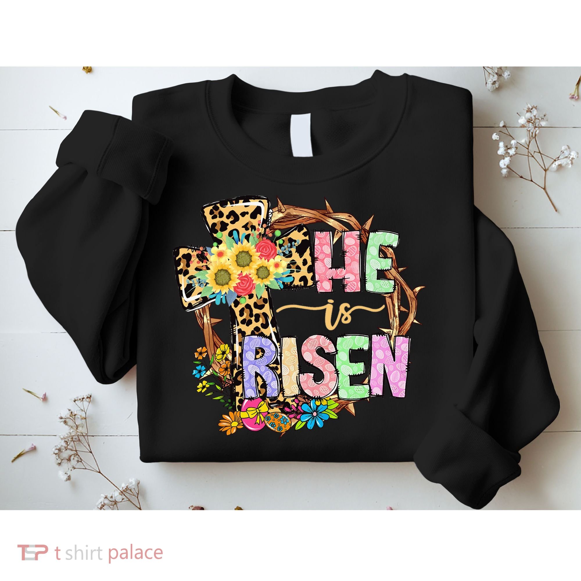 He Is Risen Floral Jesus Easter Day Christians Leopard Cross Sweatshirt