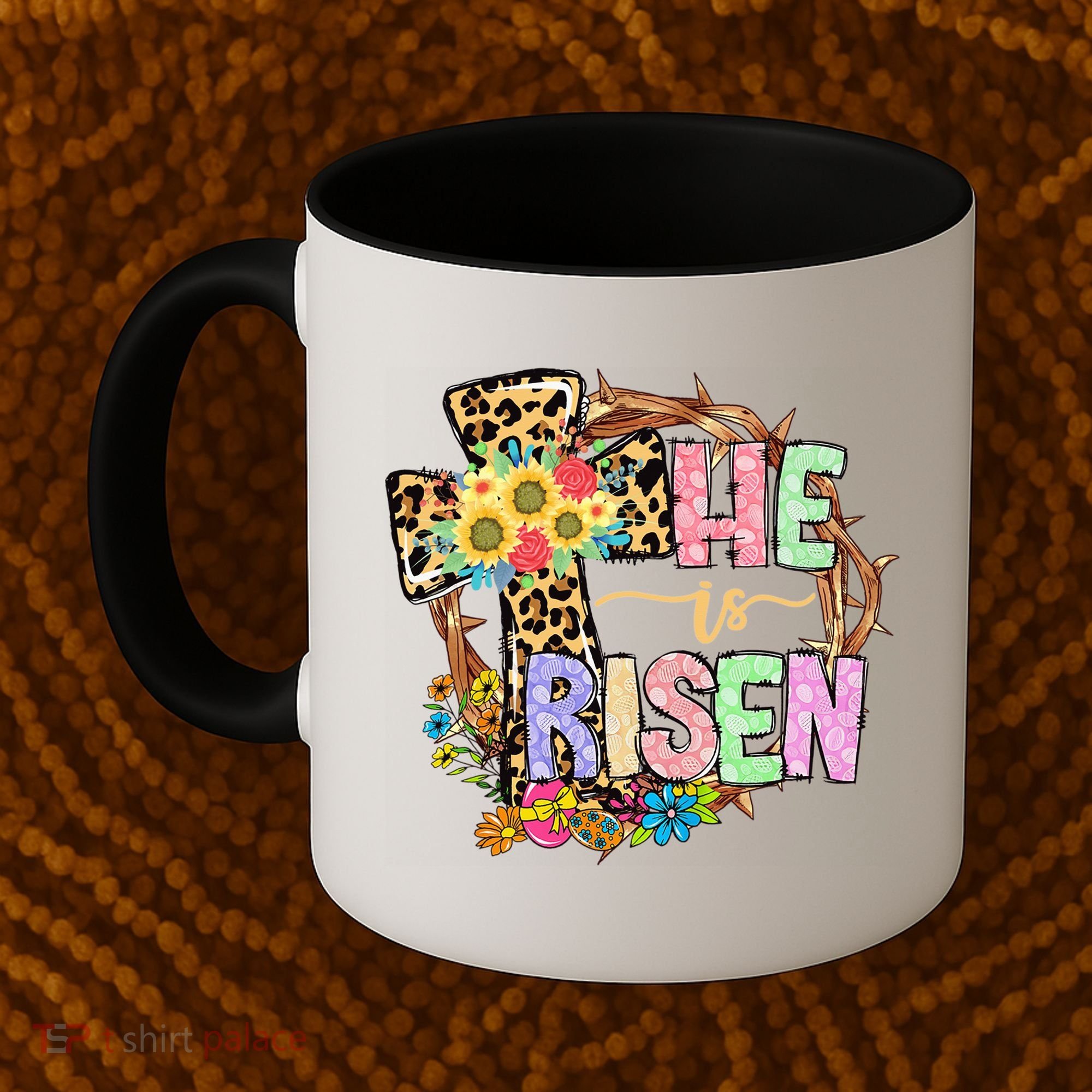He Is Risen Floral Jesus Easter Day Christians Leopard Cross Coffee Mug