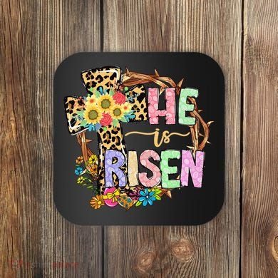 He Is Risen Floral Jesus Easter Day Christians Leopard Cross Coaster