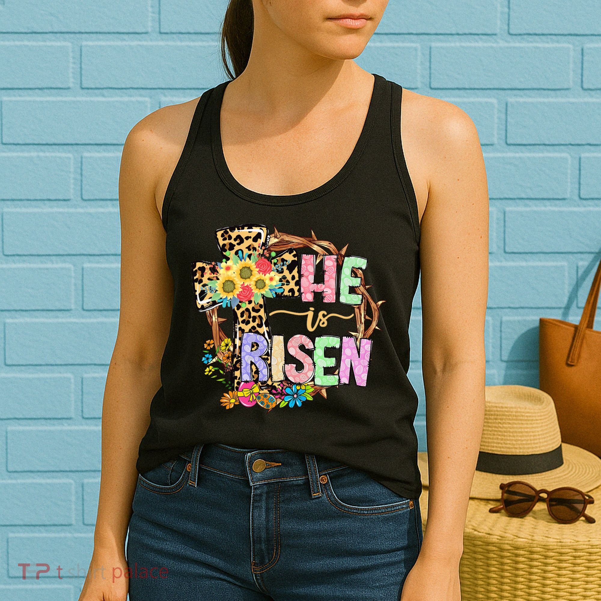 He Is Risen Floral Jesus Easter Day Christians Leopard Cross Women's Tank Top