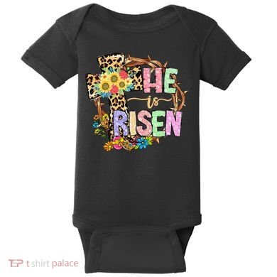 He Is Risen Floral Jesus Easter Day Christians Leopard Cross Baby Bodysuit