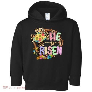 He Is Risen Floral Jesus Easter Day Christians Leopard Cross Toddler Hoodie