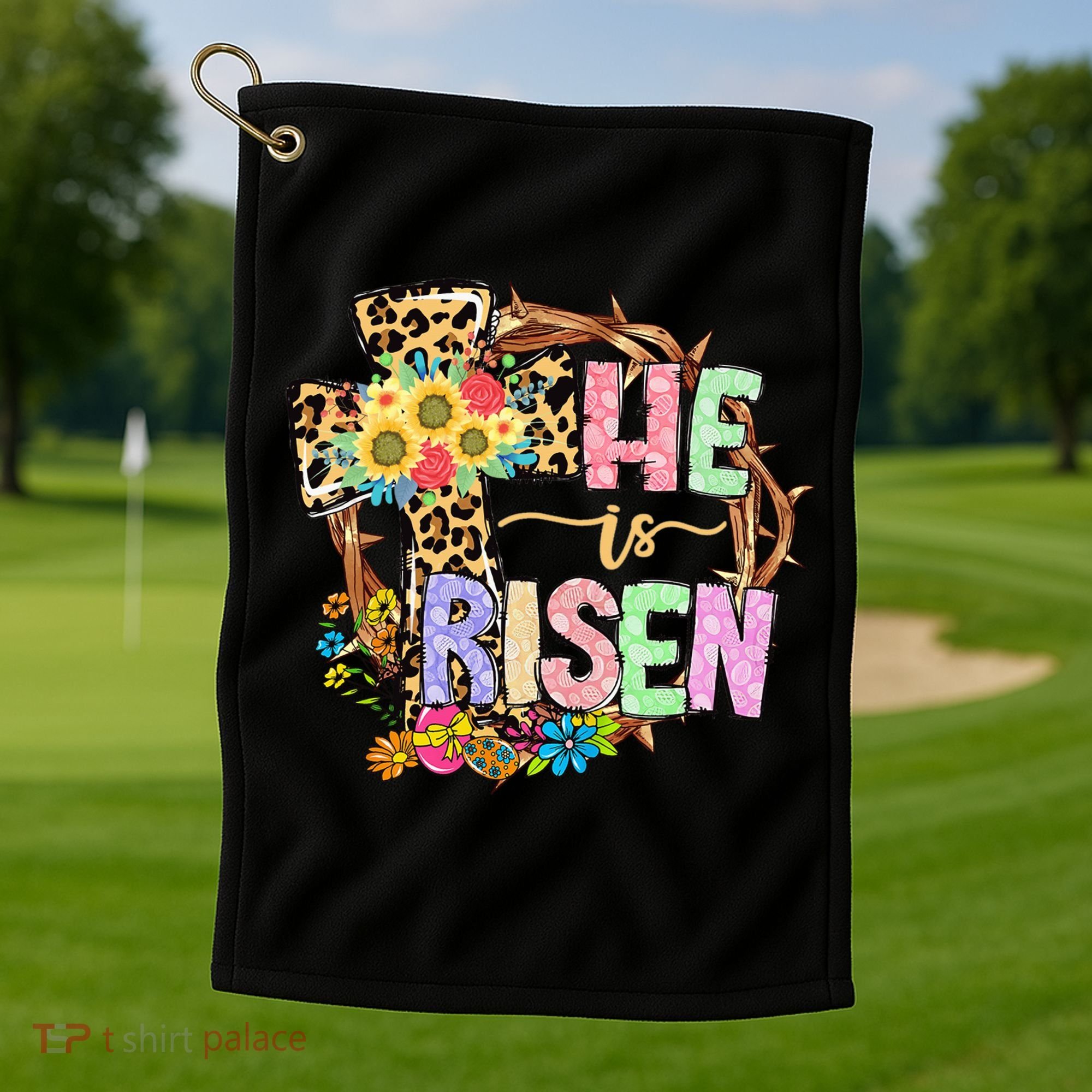 He Is Risen Floral Jesus Easter Day Christians Leopard Cross Golf Towel