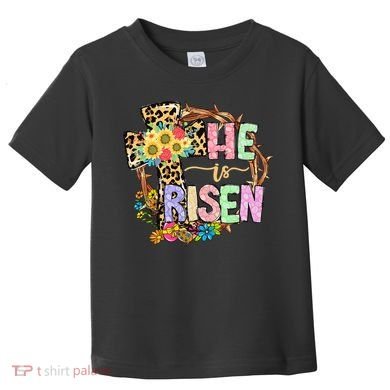 He Is Risen Floral Jesus Easter Day Christians Leopard Cross Toddler T-Shirt