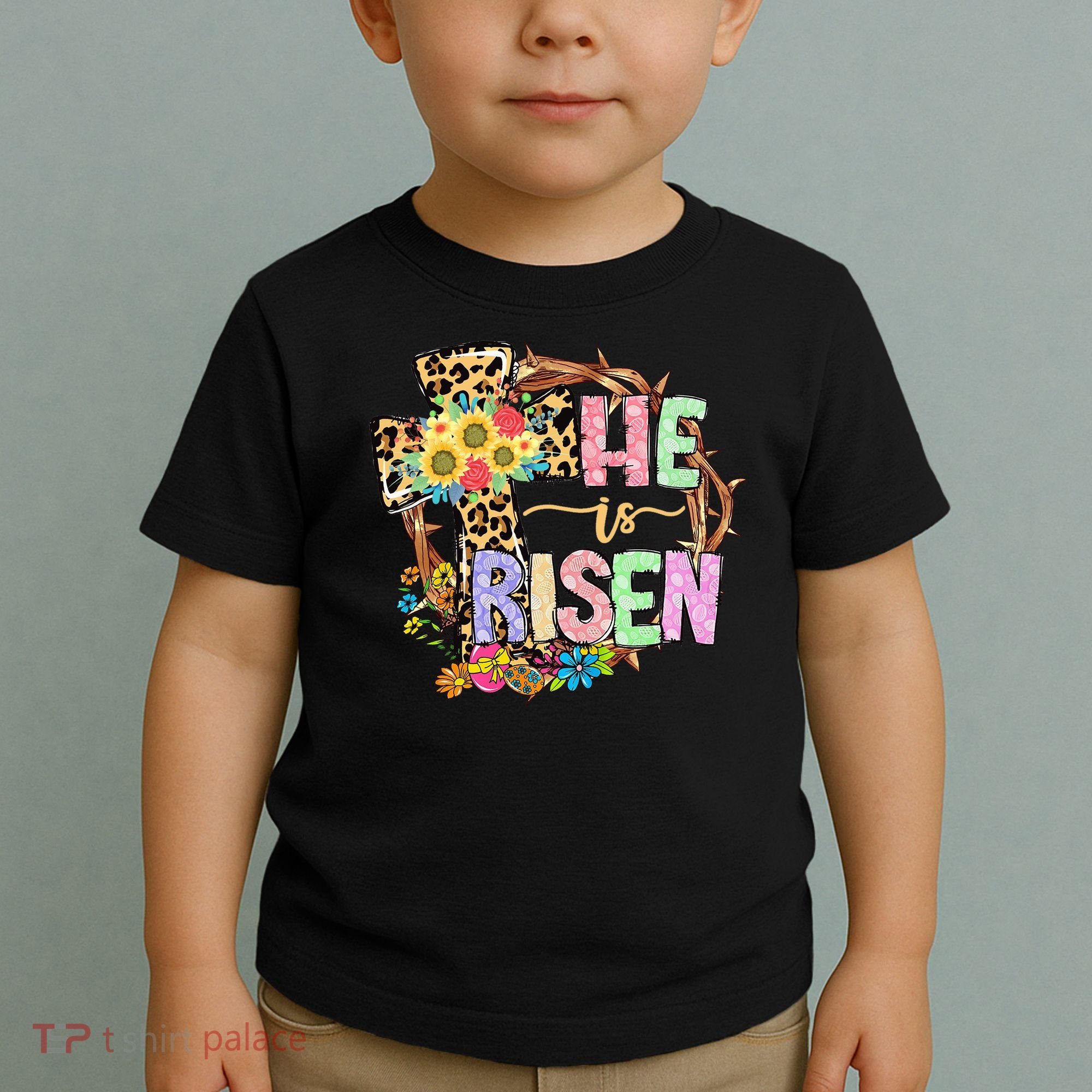 He Is Risen Floral Jesus Easter Day Christians Leopard Cross Toddler T-Shirt