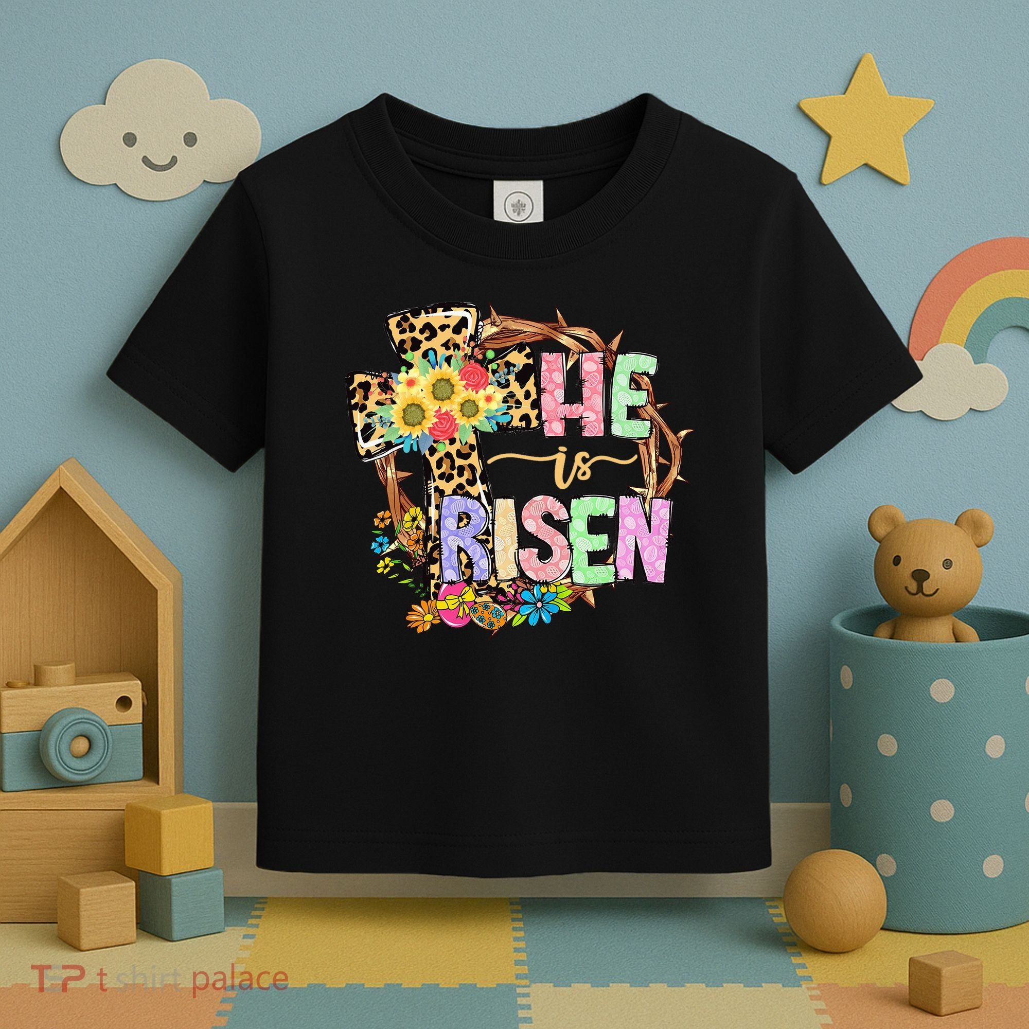 He Is Risen Floral Jesus Easter Day Christians Leopard Cross Toddler T-Shirt