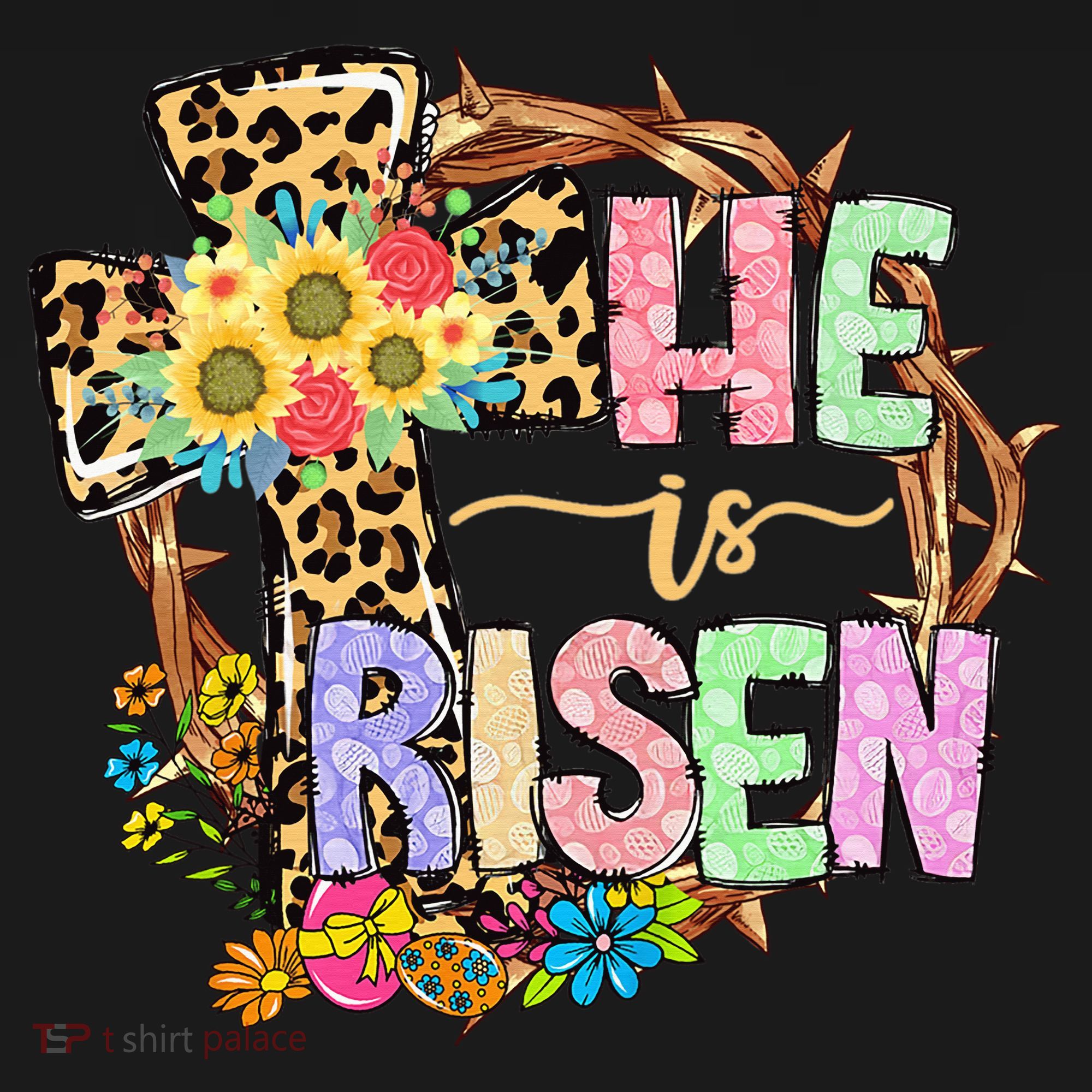 He Is Risen Floral Jesus Easter Day Christians Leopard Cross Toddler T-Shirt
