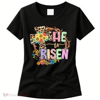 He Is Risen Floral Jesus Easter Day Christians Leopard Cross Women's T-Shirt