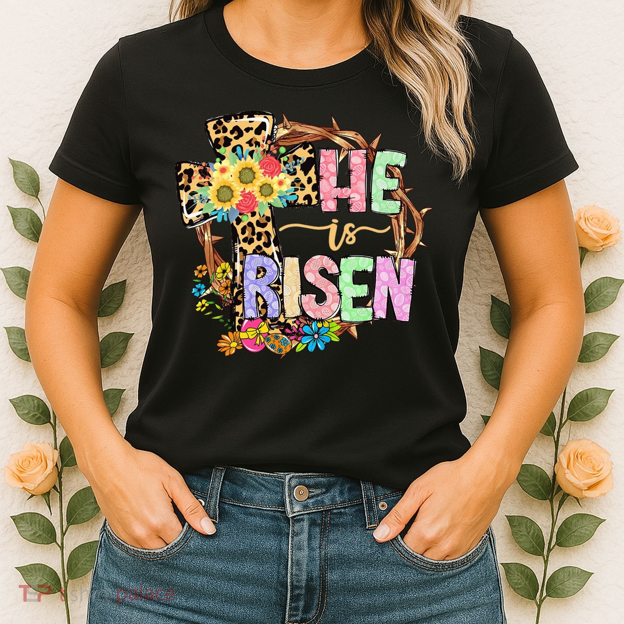 He Is Risen Floral Jesus Easter Day Christians Leopard Cross Women's T-Shirt