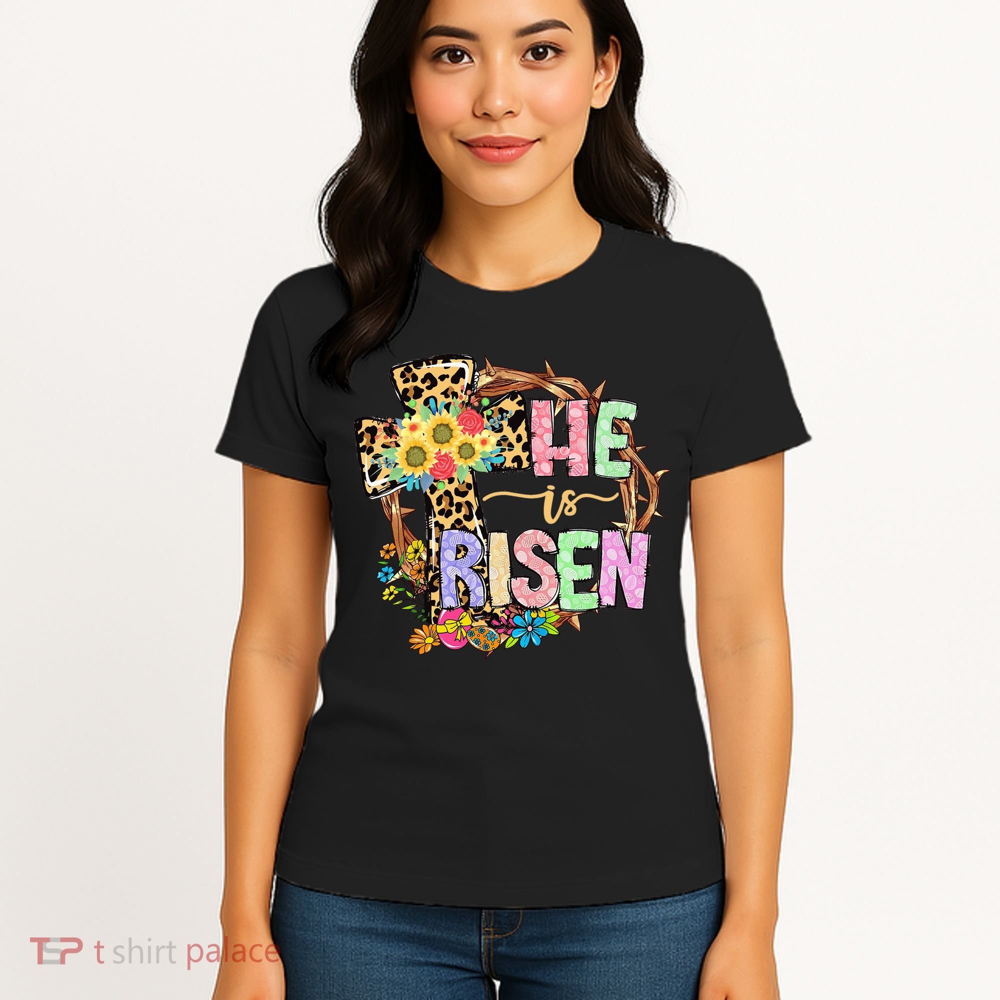 He Is Risen Floral Jesus Easter Day Christians Leopard Cross Women's T-Shirt