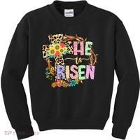 He Is Risen Floral Jesus Easter Day Christians Leopard Cross Kids Sweatshirt thumb 0