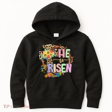 He Is Risen Floral Jesus Easter Day Christians Leopard Cross Kids Hoodie