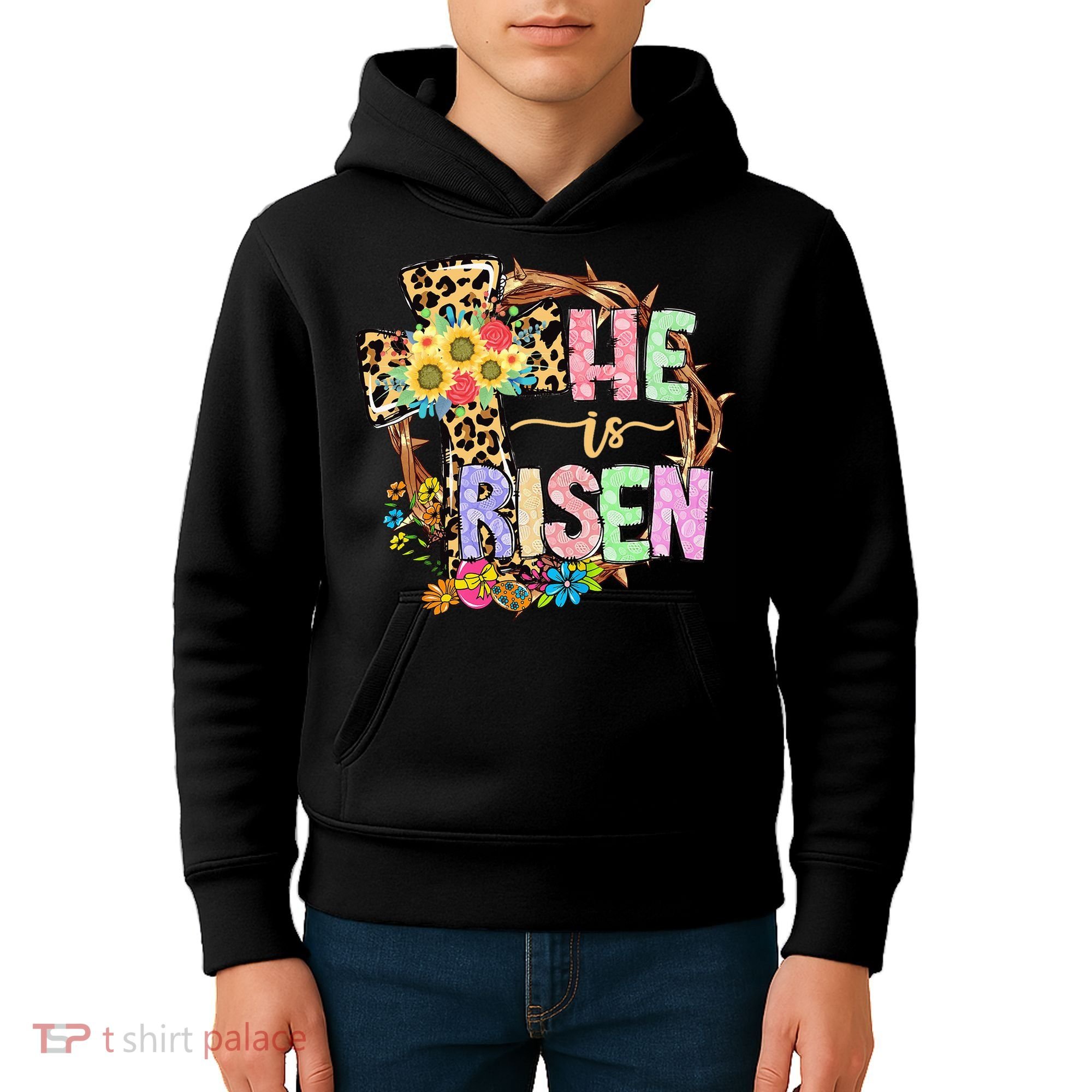 He Is Risen Floral Jesus Easter Day Christians Leopard Cross Kids Hoodie