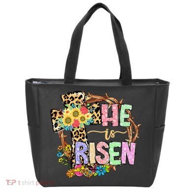 He Is Risen Floral Jesus Easter Day Christians Leopard Cross Tote Bag