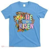 He Is Risen Floral Jesus Easter Day Christians Leopard Cross T-Shirt thumb 0