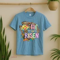 He Is Risen Floral Jesus Easter Day Christians Leopard Cross T-Shirt thumb 2