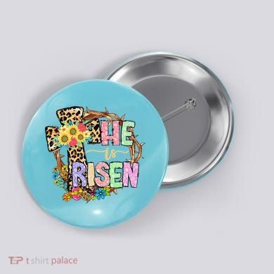 He Is Risen Floral Jesus Easter Day Christians Leopard Cross Button