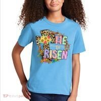 He Is Risen Floral Jesus Easter Day Christians Leopard Cross Kids T-Shirt thumb 2