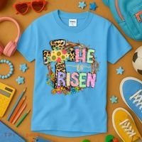He Is Risen Floral Jesus Easter Day Christians Leopard Cross Kids T-Shirt thumb 3