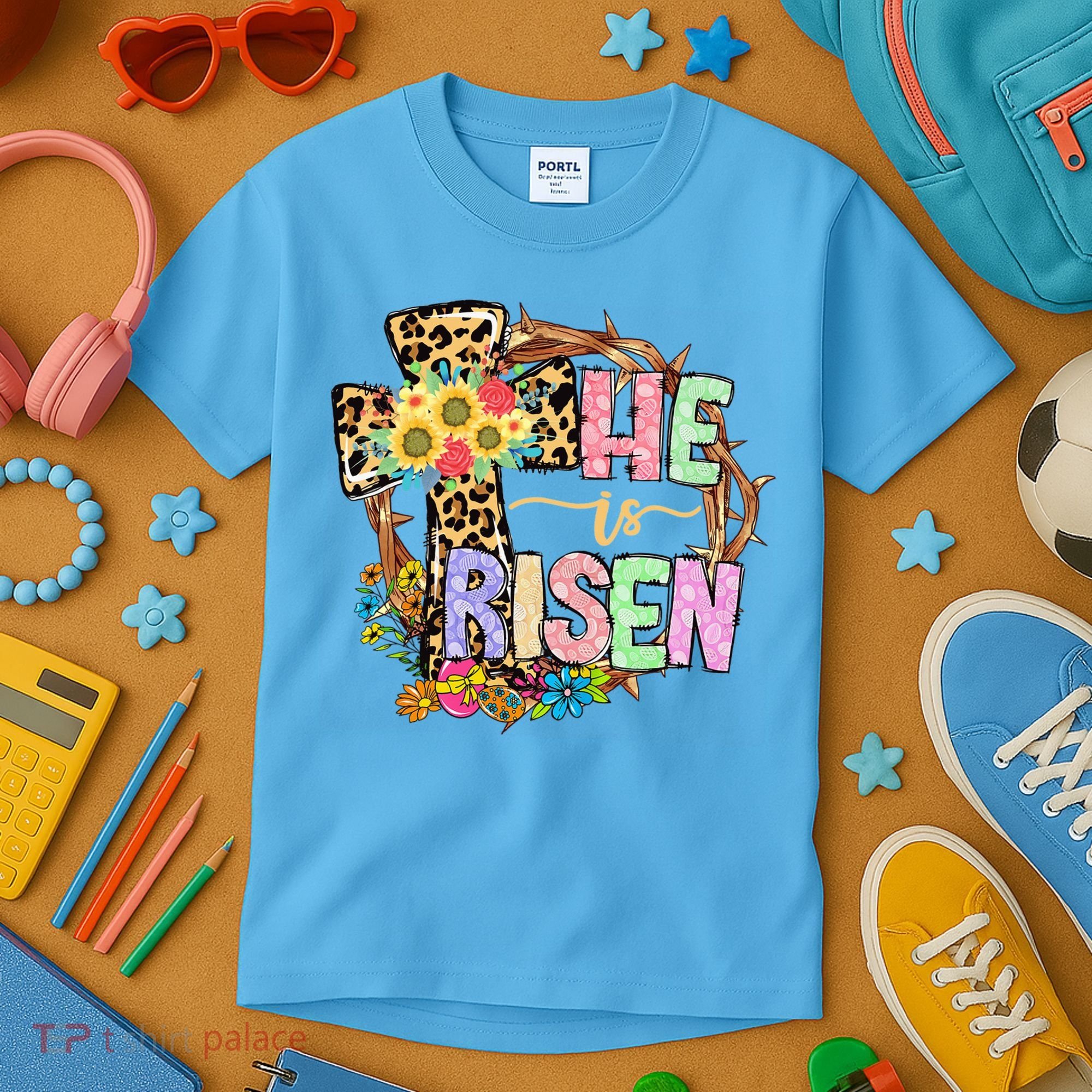 He Is Risen Floral Jesus Easter Day Christians Leopard Cross Kids T-Shirt