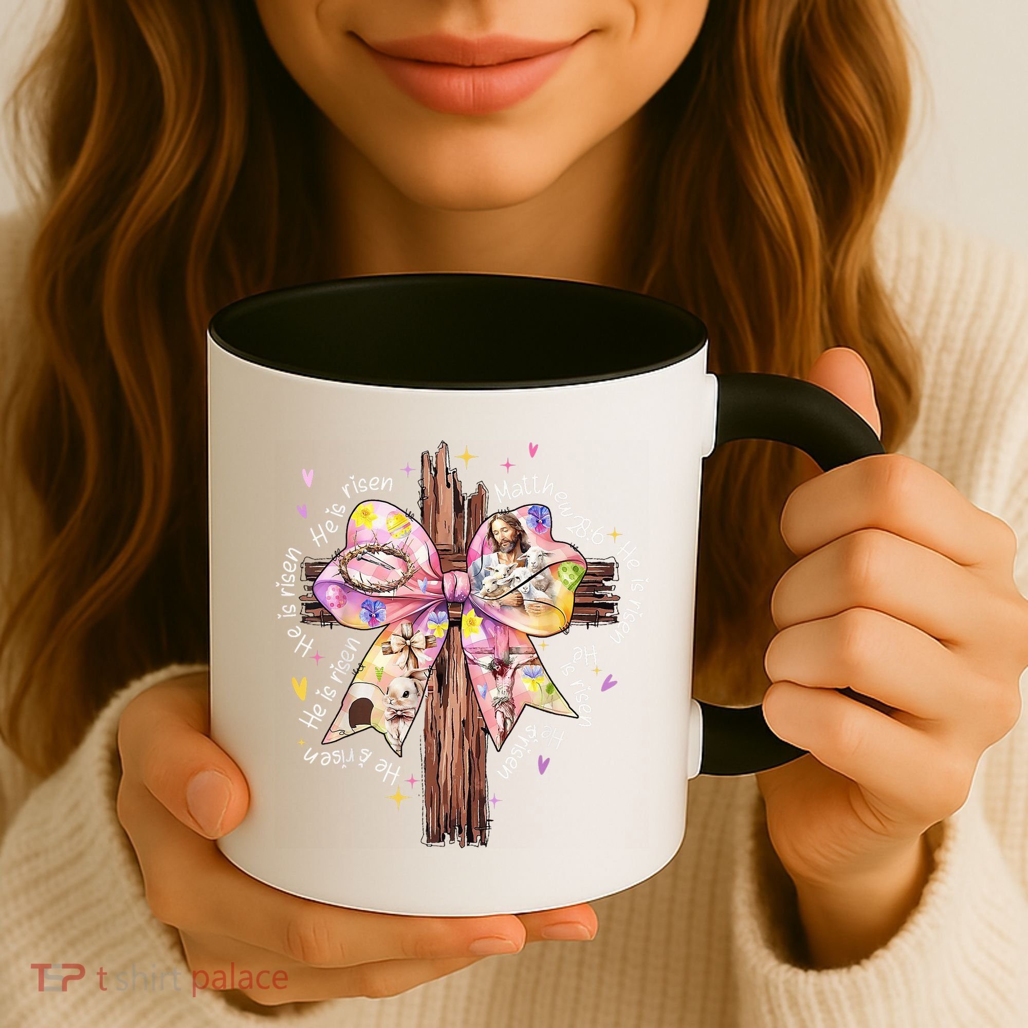 He Is Risen Jesus Christian Cross Bow Easter Girl Coffee Mug