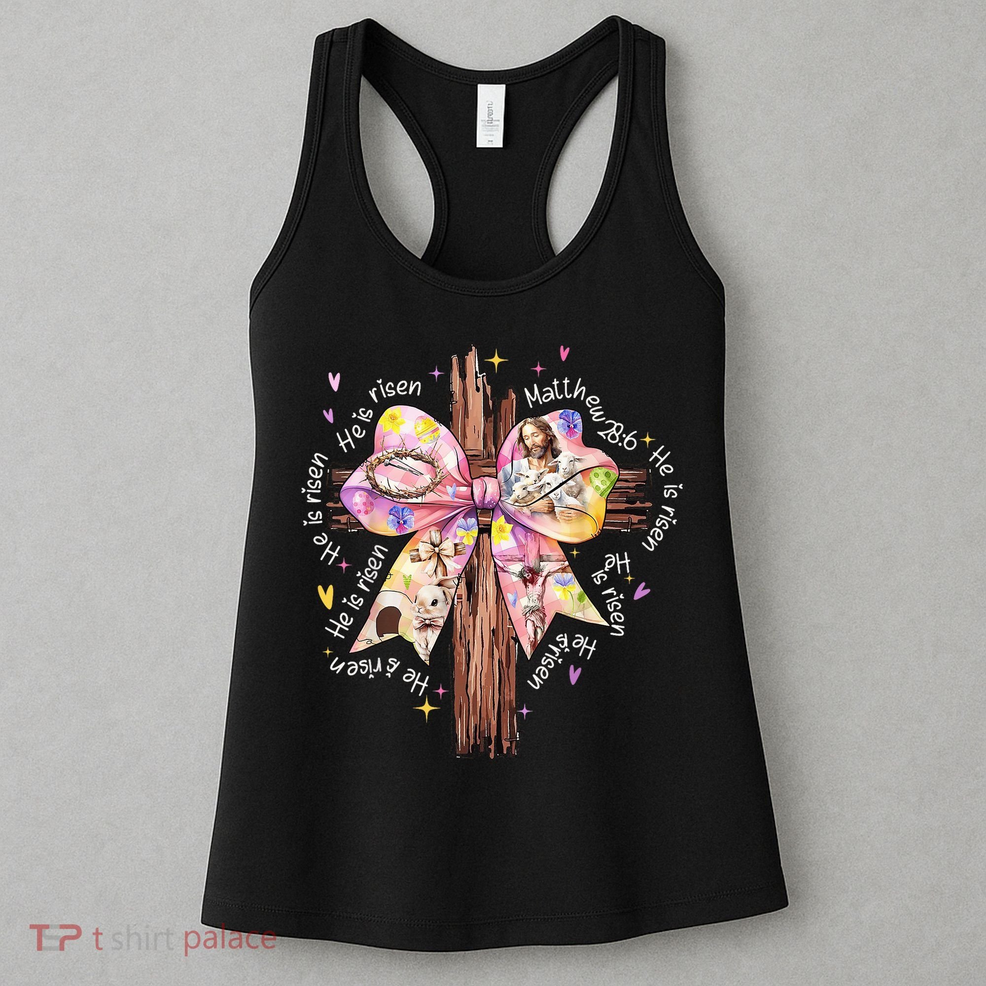 He Is Risen Jesus Christian Cross Bow Easter Girl Women's Tank Top