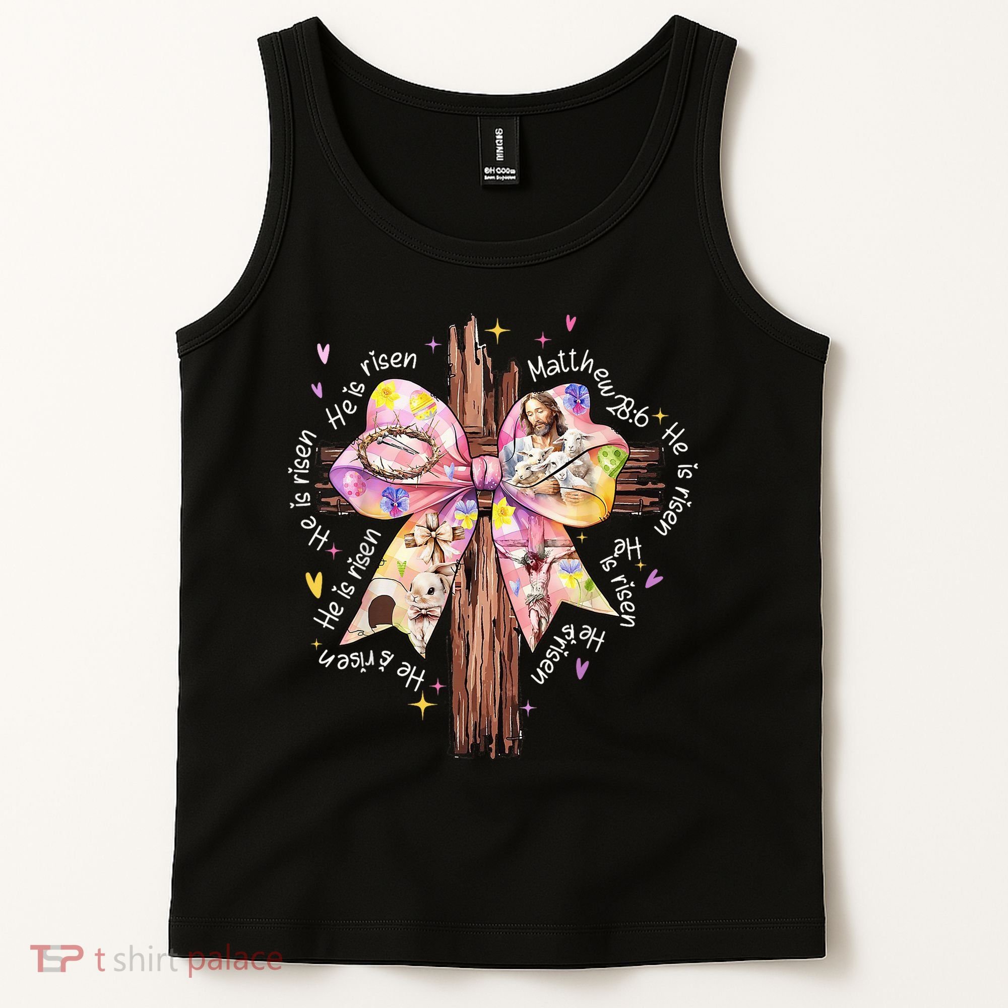 He Is Risen Jesus Christian Cross Bow Easter Girl Tank Top